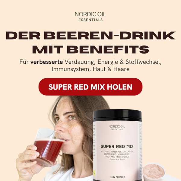 A clean, minimalist 1:1 creative for a Super Red Mix supplement that highlights health benefits through a direct, human-centric visual hook.